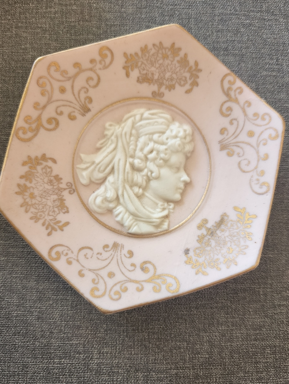 UNIQUE RARE BISQUE PINK CAMEO trinket dish Antique